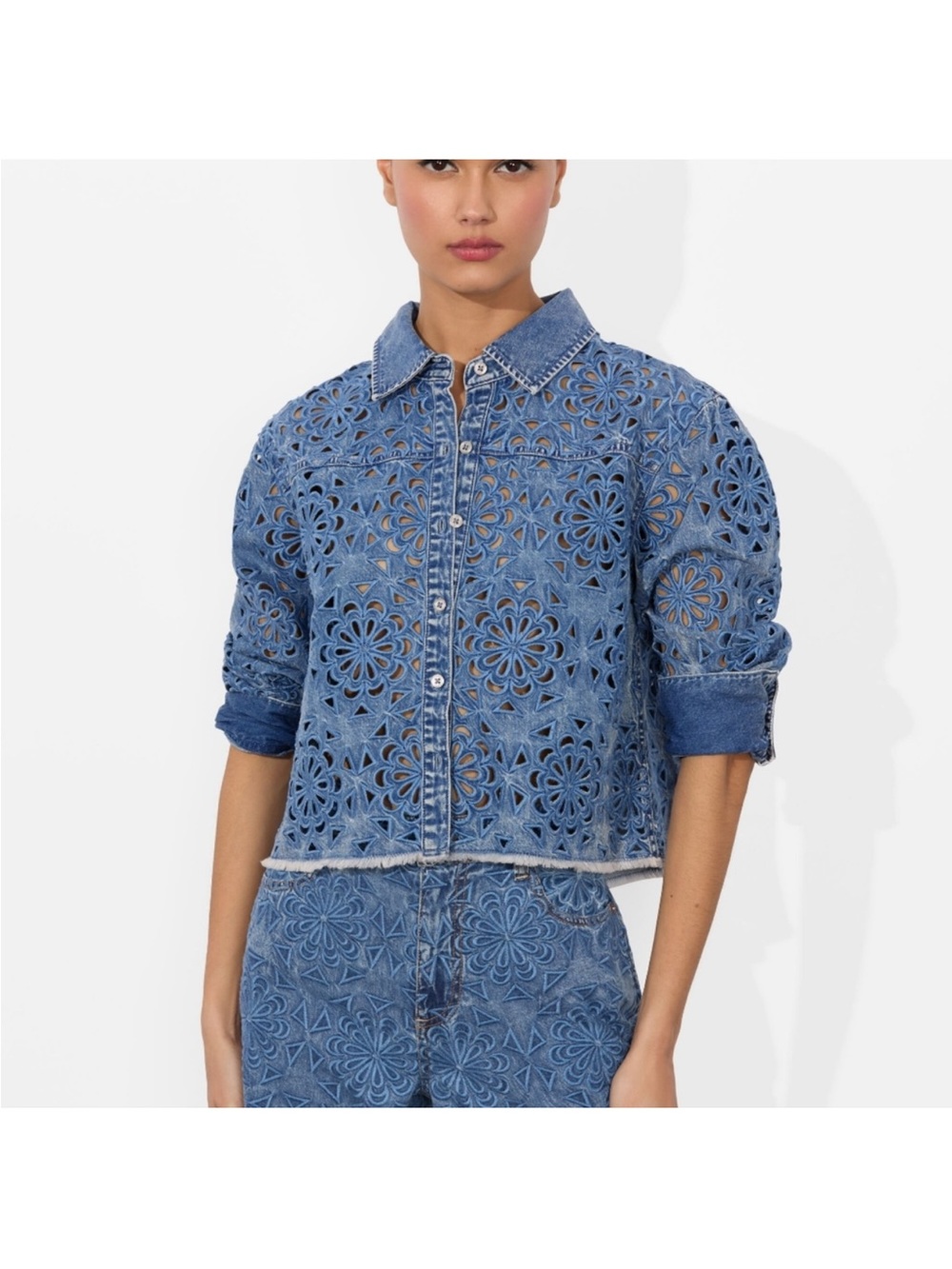 ISO!!!!!!!Alice + Olivia Blue Eyelet Denim Cropped Jacket